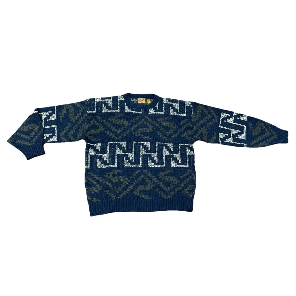 Vintage Saturdays Sweater Mens Large Crew Neck 80's Blue White Black Geometric‎